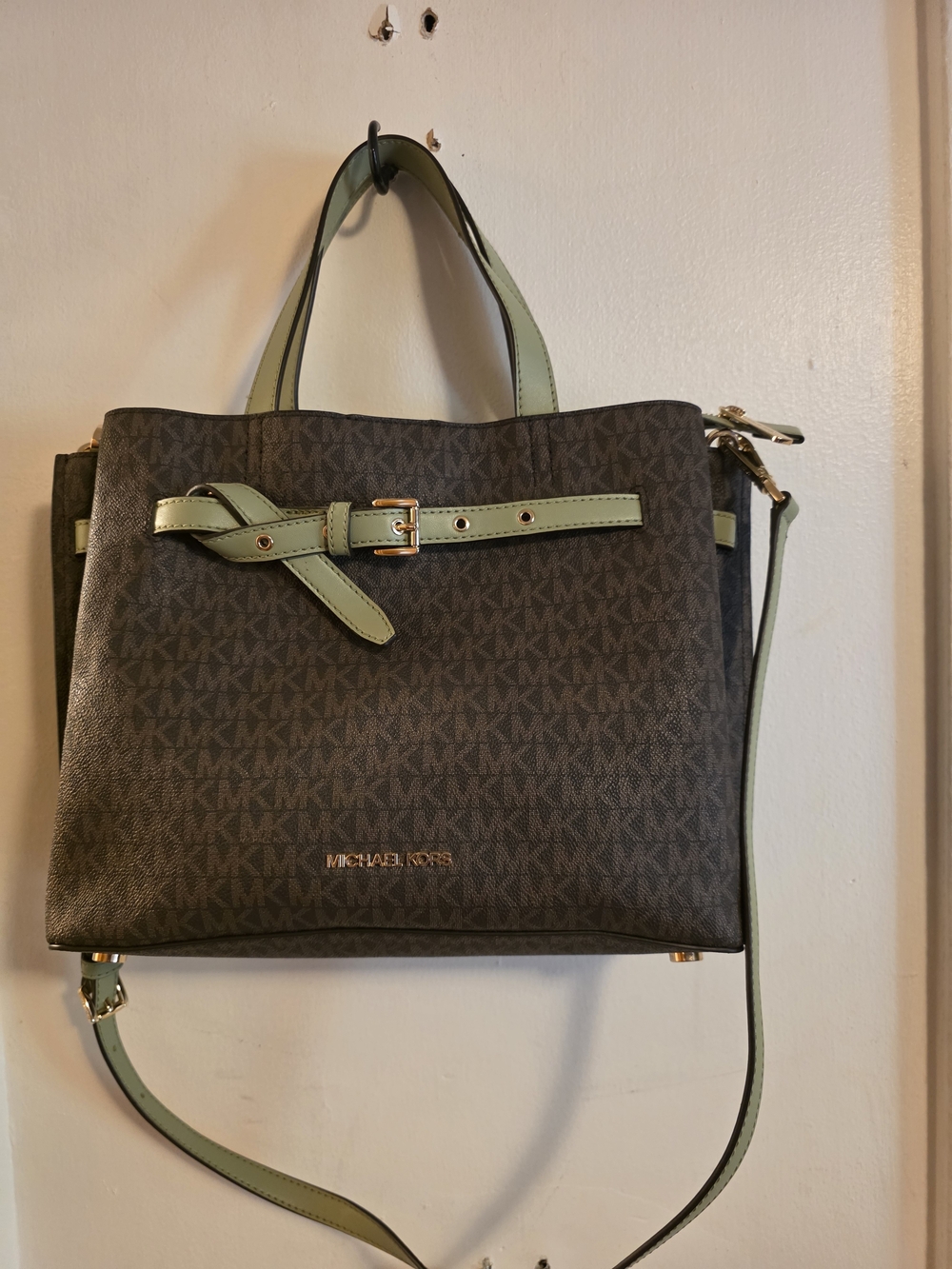 Michael Kors Brown Logo Tote with Mint Green Trim